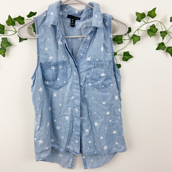 Aqua blue white star print collared sleeveless top - Picture 1 of 4